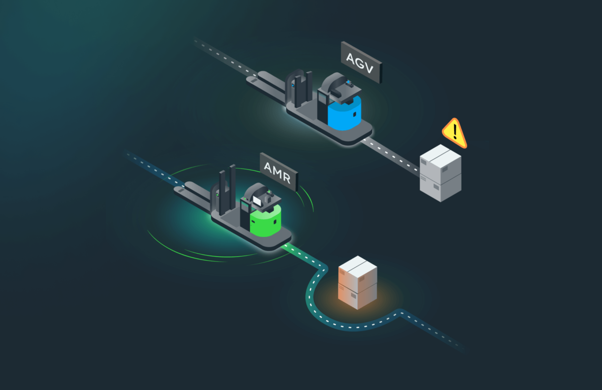 An illustration of an AMR robot compared to an AGV robot