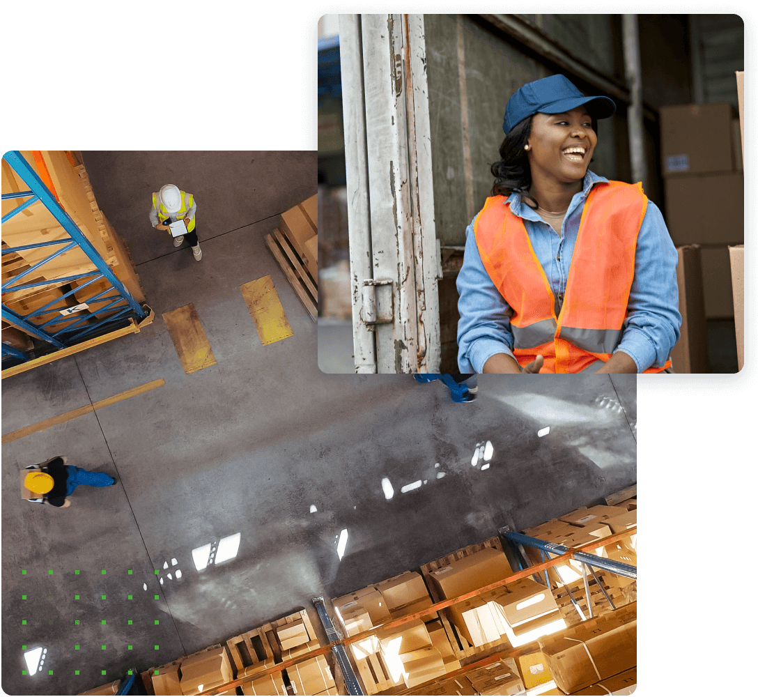 Large image of an aerial view of a warehouse and a smaller image of a woman in an orange safety vest