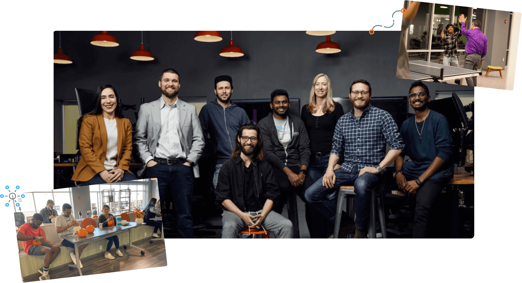 large Vecna team photo with two small photos of pumpkin carving and ping pong games