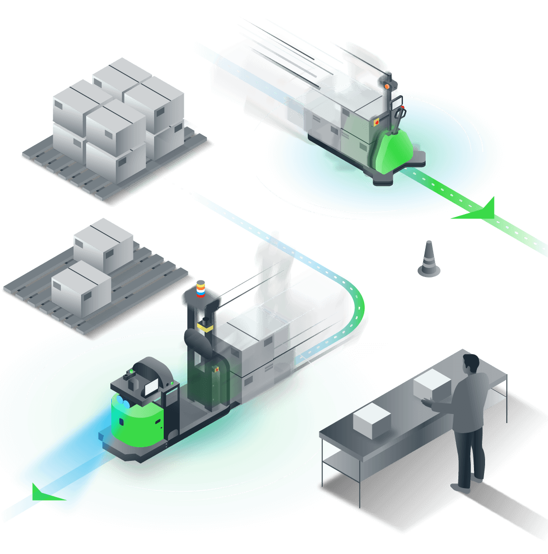 Illustration of two robots moving around pallets and a workcell