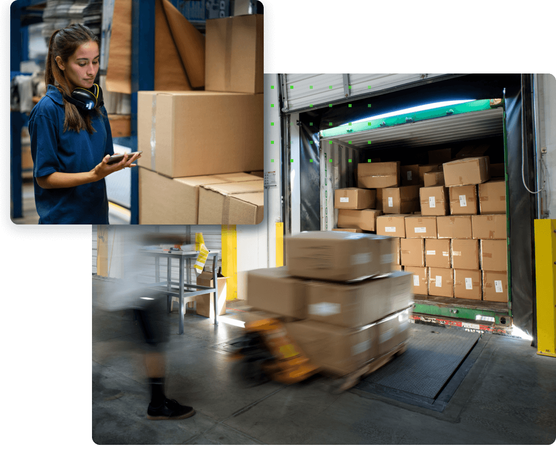 Large photo of pallets being unloaded from a truck and a smaller image of a woman standing next to boxes