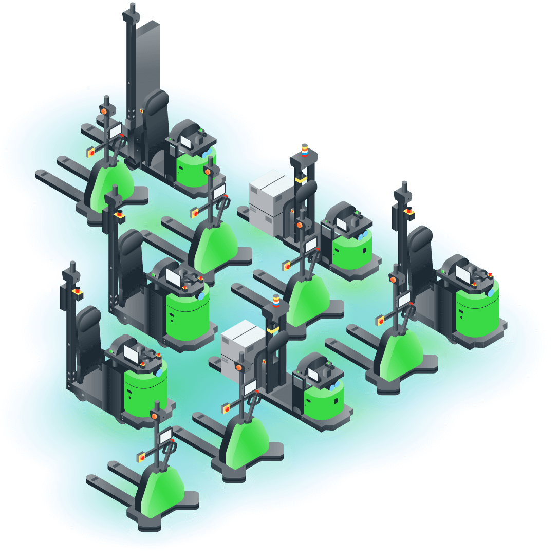 isometric illustration of 12 robots