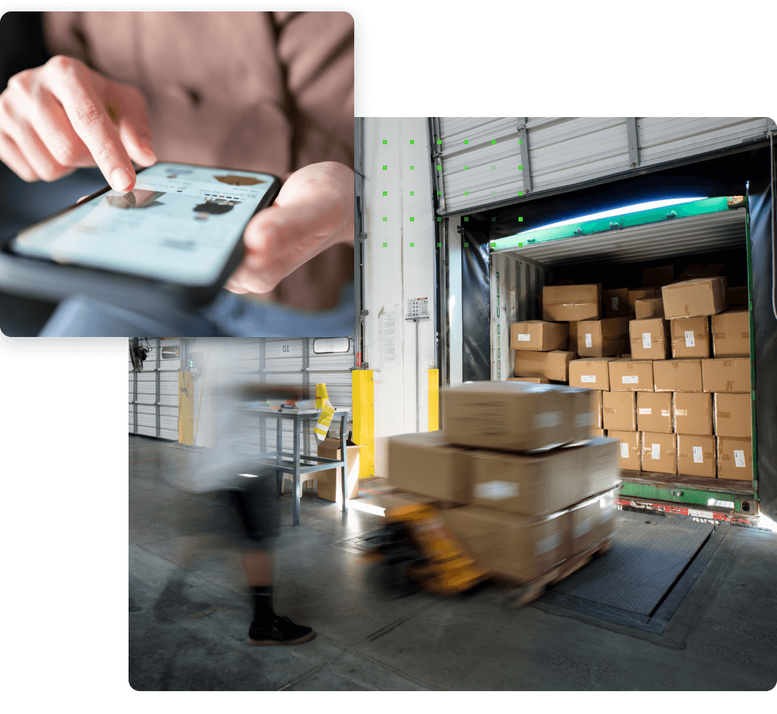 Large photo of boxes being unloaded from a truck and a smaller photo of someone shopping on a mobile phone