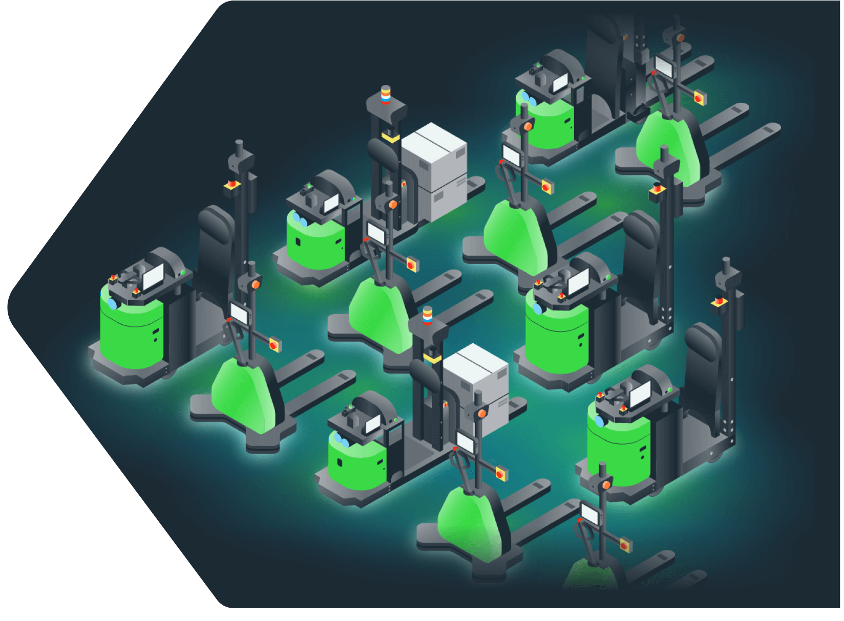 Isometric illustration of 12 robots on a dark background