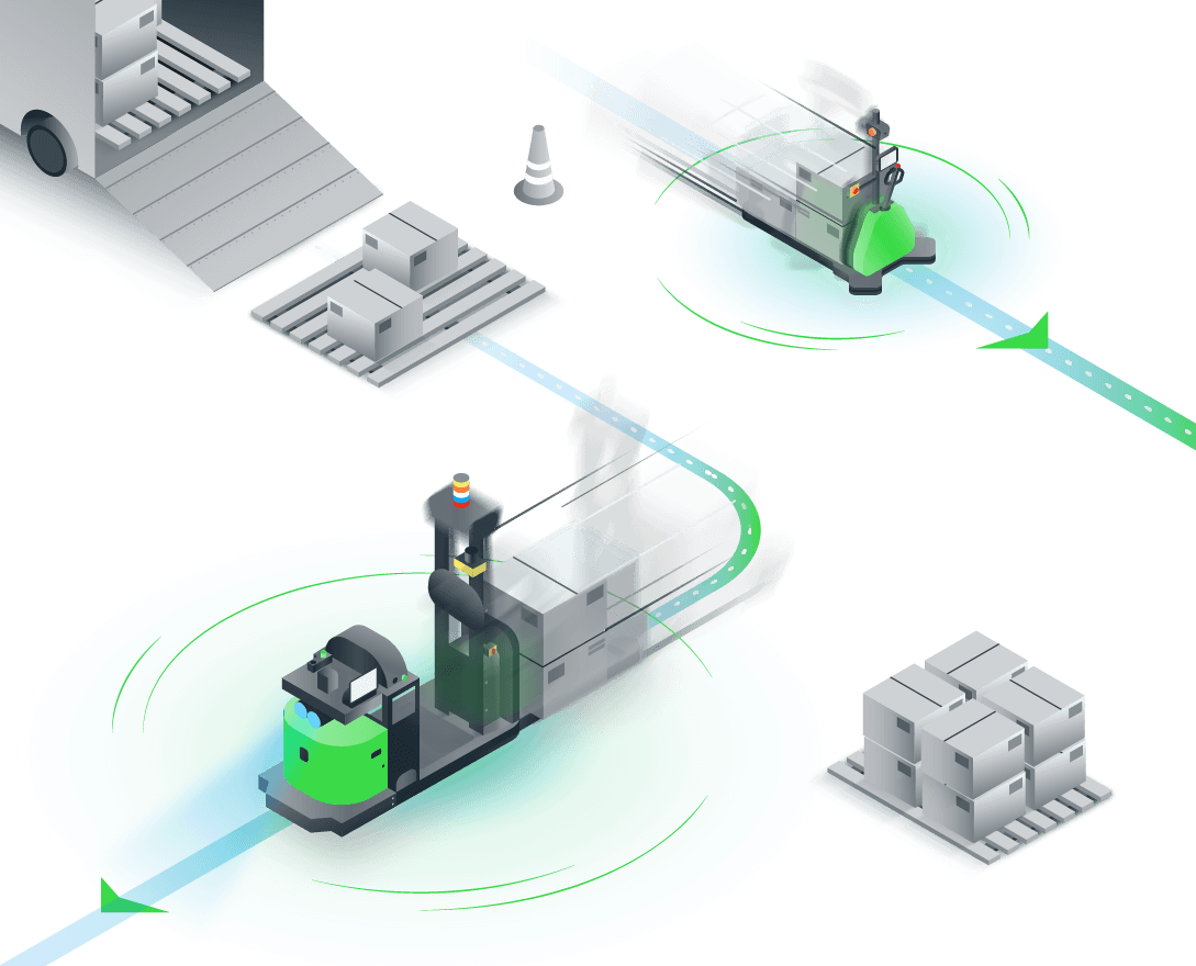 illustration of robots loading and unloading pallets