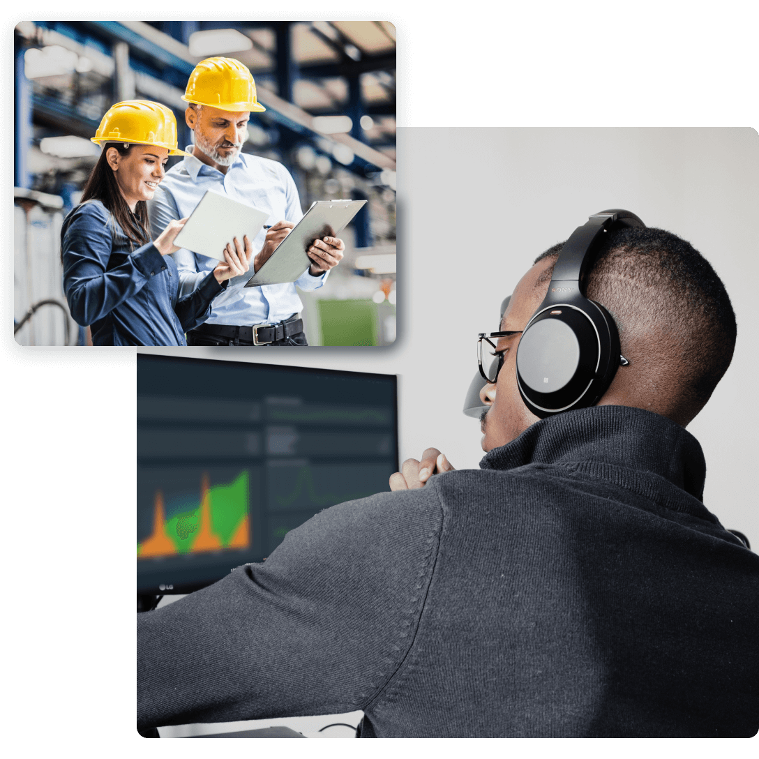 A larger photo of a man at a desk wearing headphones and a smaller photo of a man and a woman in yellow hard hats