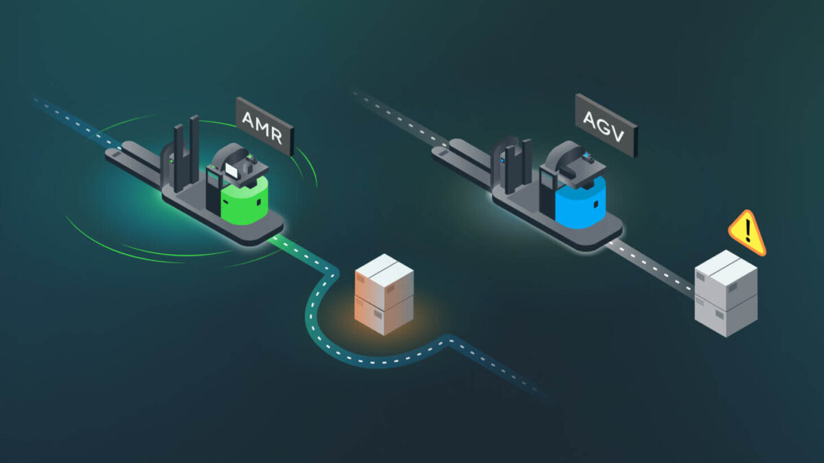 An illustration of an AMR vs an AGV