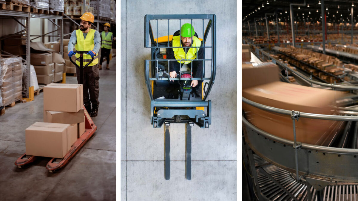 3 photos of material handling equipment