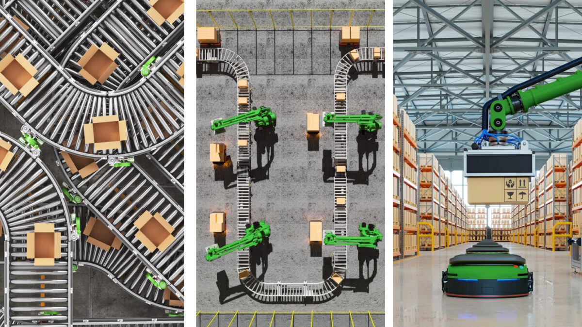 A photo of conveyors and boxes being sorted in warehouses