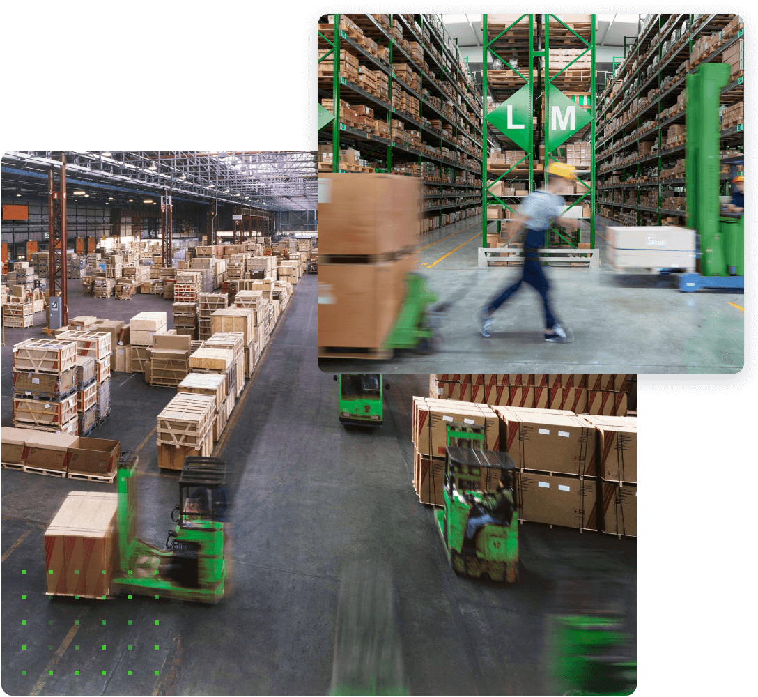 An image of a man pulling a pallet jack overlaid on an image of a forklifts in a warehouse