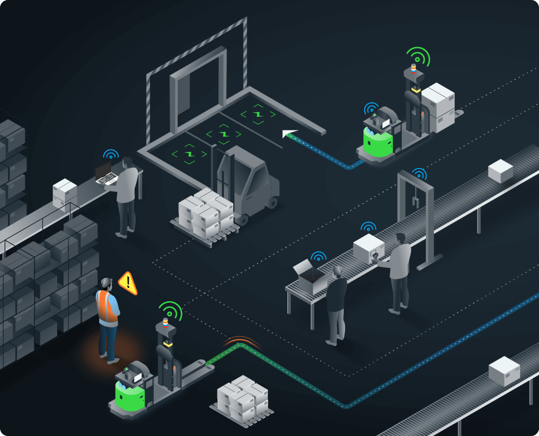 Illustration of autonomous mobile robots working in a manufacturing warehouse