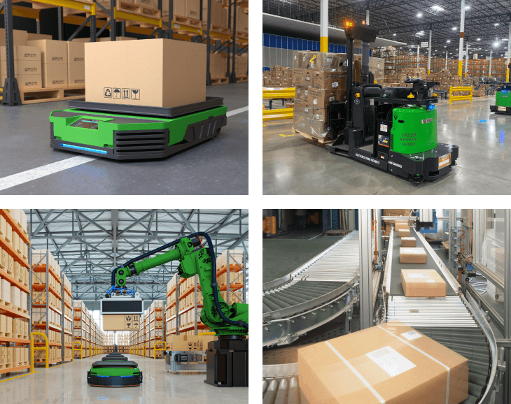 Four images of robots in warehouses and manufacturing plants